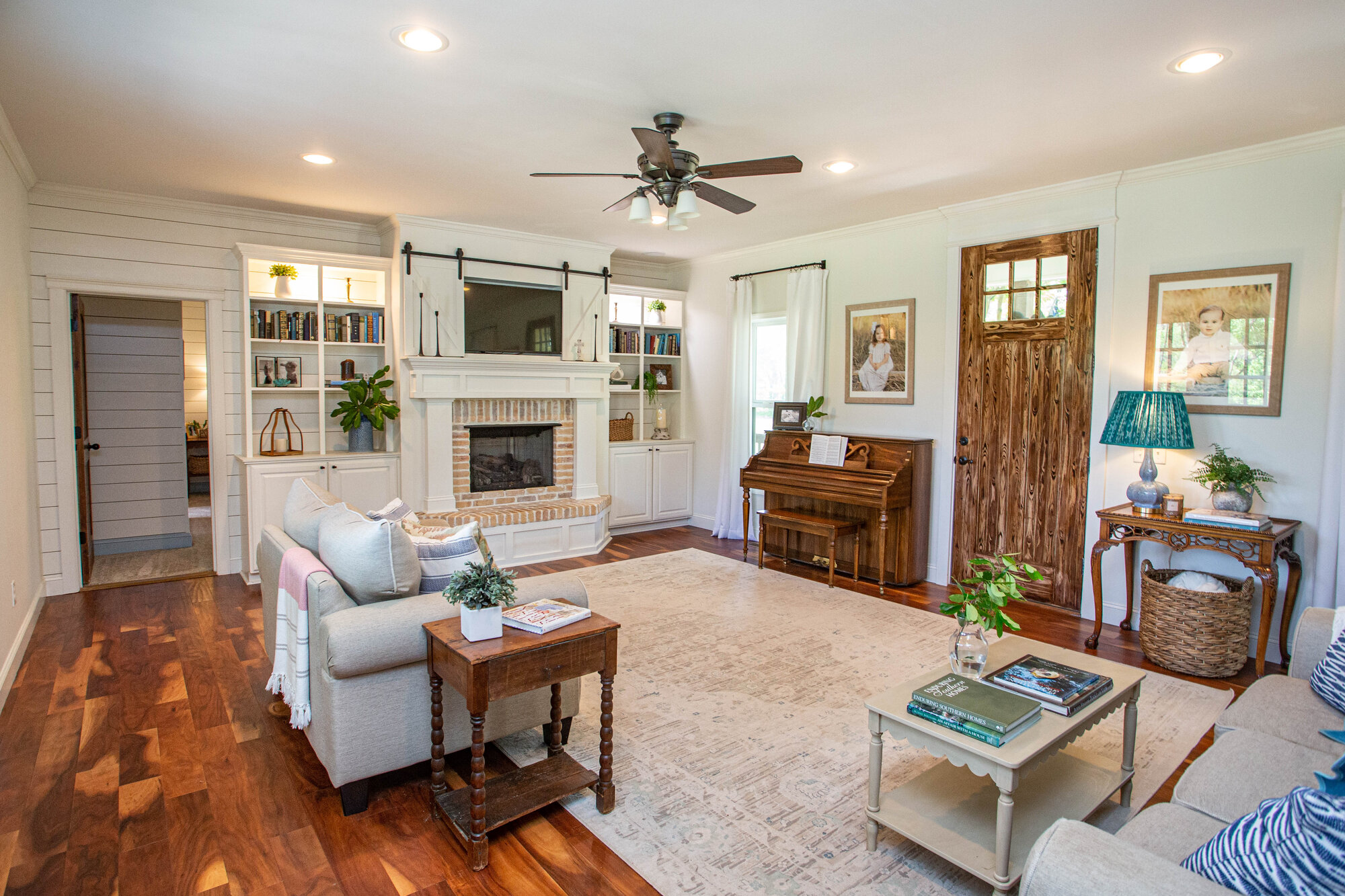 Family room with fireplace and custom built-ins